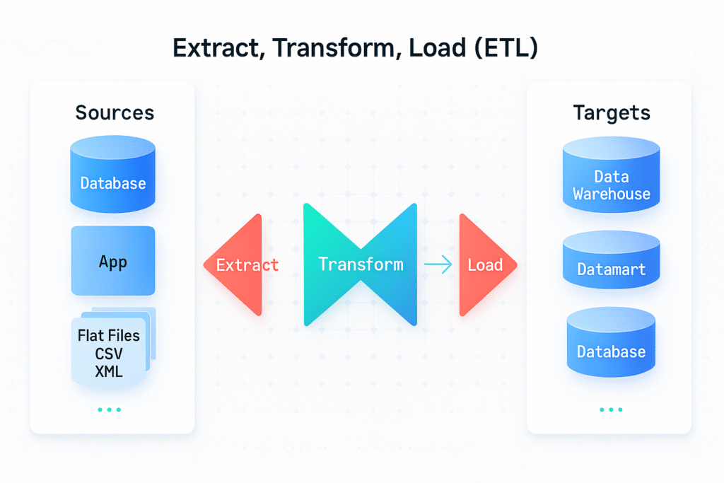 Diagramme illustrant le processus ETL avec des sources de données comme des bases de données et applications, puis la transformation et le chargement vers des cibles telles que des entrepôts de données et datamarts.