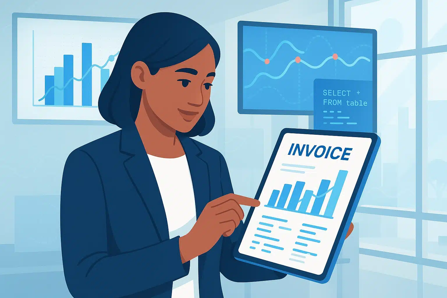 Illustration d'une facture électronique affichant des graphiques analytiques sur une tablette.