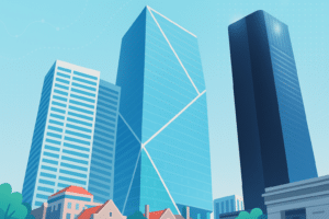 Illustration de bâtiments de bureaux modernes dans un paysage urbain sous un ciel dégagé.