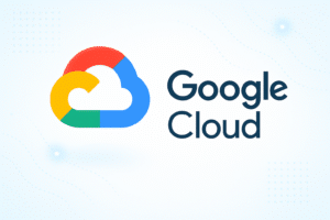 Logo Google Cloud affiché sur un fond blanc avec des motifs subtils.