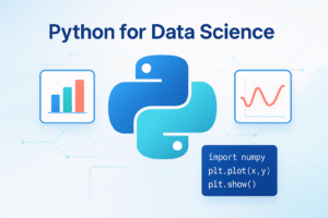 Illustration montrant le logo Python avec des graphiques et un exemple de code pour la visualisation de données en data science.