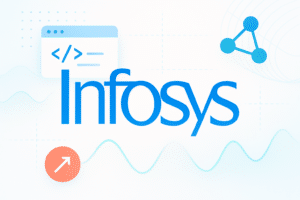 Logo d'Infosys avec des graphismes abstraits sur le thème de la technologie en arrière-plan.