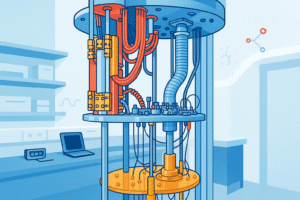 Illustration d’un système de refroidissement d’un ordinateur quantique dans un environnement de laboratoire.