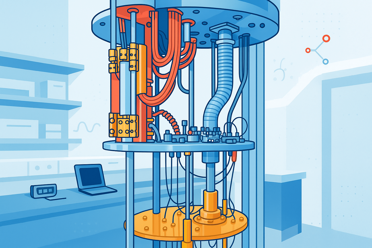 Illustration d’un système de refroidissement d’un ordinateur quantique dans un environnement de laboratoire.