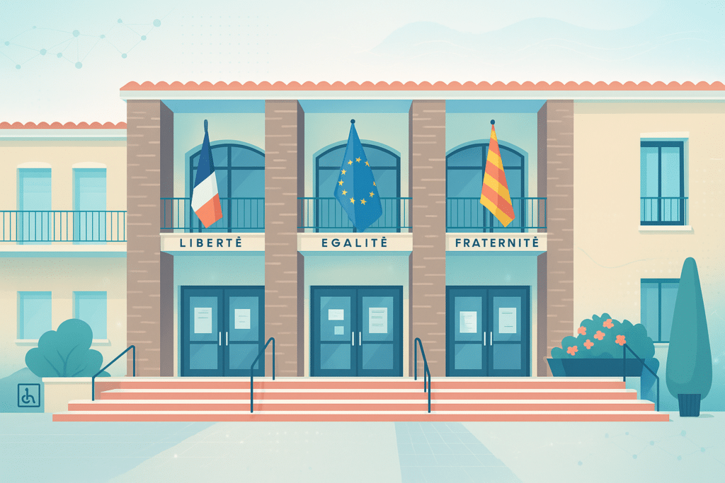 Façade de l’hôtel de ville d’Elne avec les drapeaux français, de l’Union européenne et régionaux au-dessus des portes d’entrée.