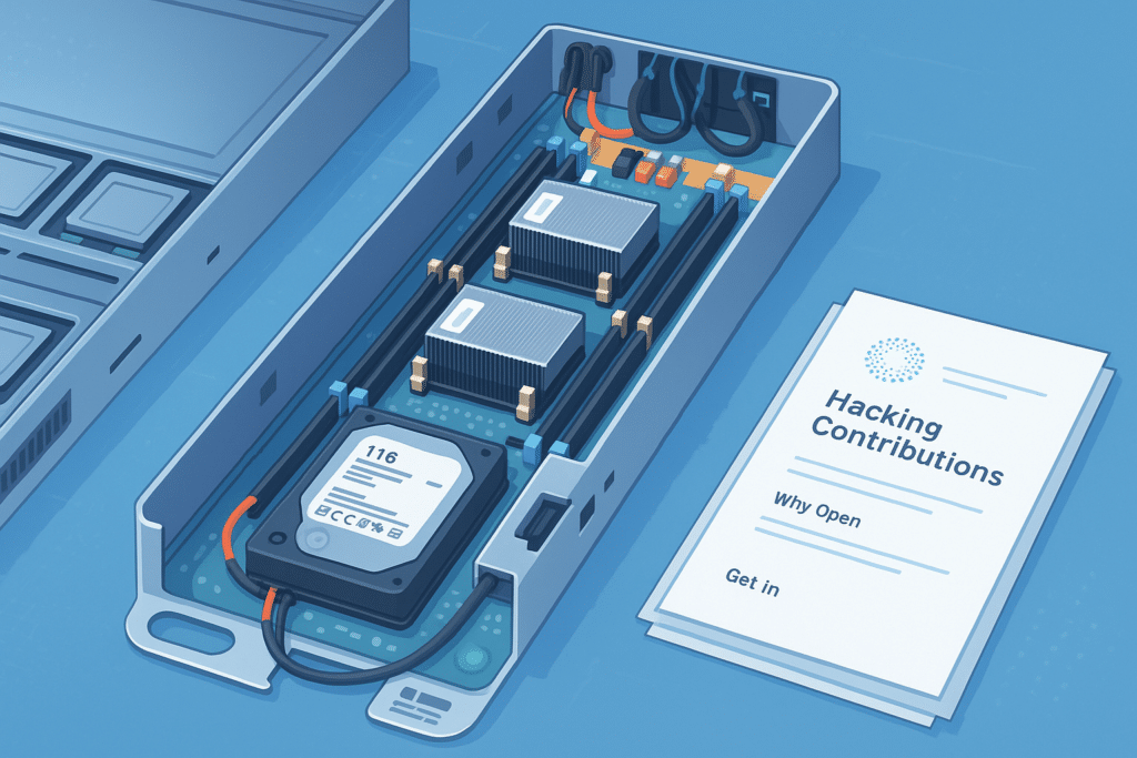 Illustration de la configuration matérielle de mise en réseau IA ouverte ESUN de Meta avec des composants et un document intitulé « Hacking Contributions ».