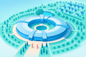 Illustration d’un bâtiment gouvernemental moderne et circulaire représentant le siège du NCSC au Royaume-Uni.