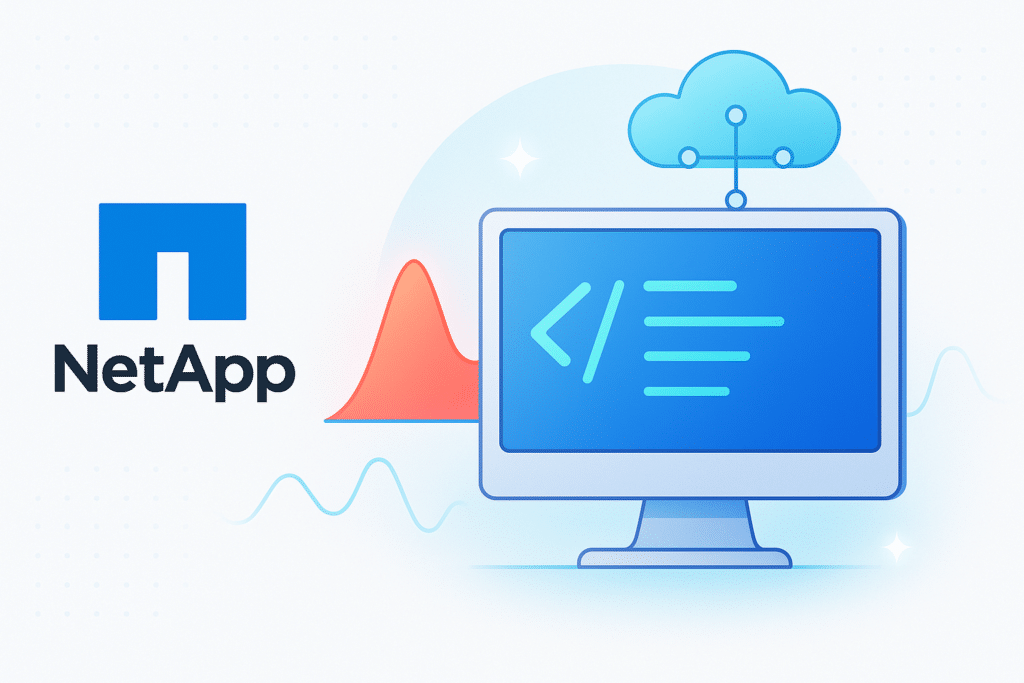 Illustration du stockage cloud NetApp AFX avec un écran d’ordinateur, un symbole de code et une connexion réseau cloud.