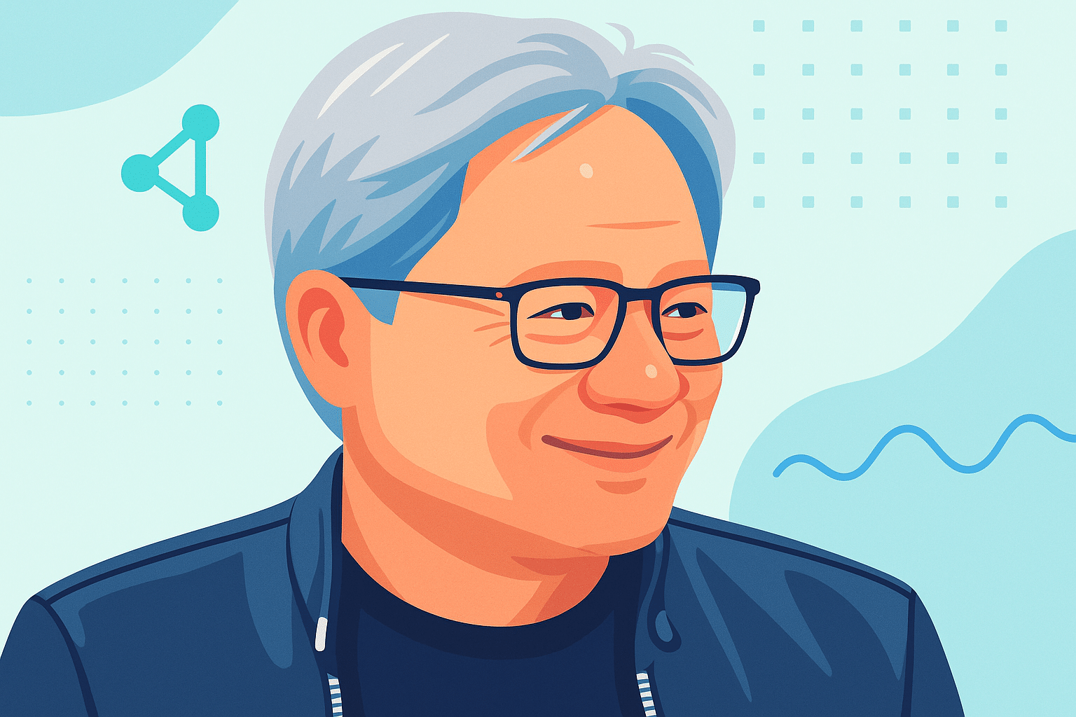 Illustration d’un homme souriant avec des lunettes et des cheveux gris, représentant un dirigeant de NVIDIA.