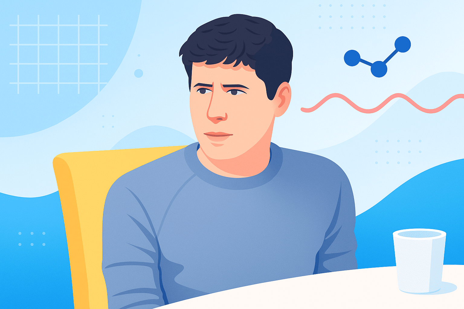 Illustration d’un homme en pull bleu assis à une table lors d’une discussion, avec, en arrière-plan, des graphismes abstraits d'inspiration technologique.