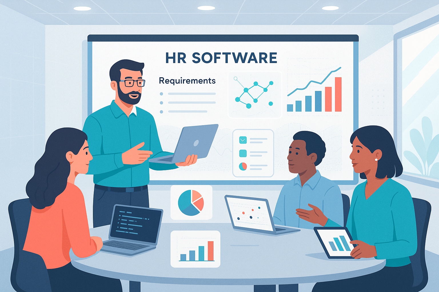 Réunion pour discuter des exigences d'un logiciel SIRH, avec un présentateur montrant des graphiques sur un ordinateur portable aux participants autour d'une table.