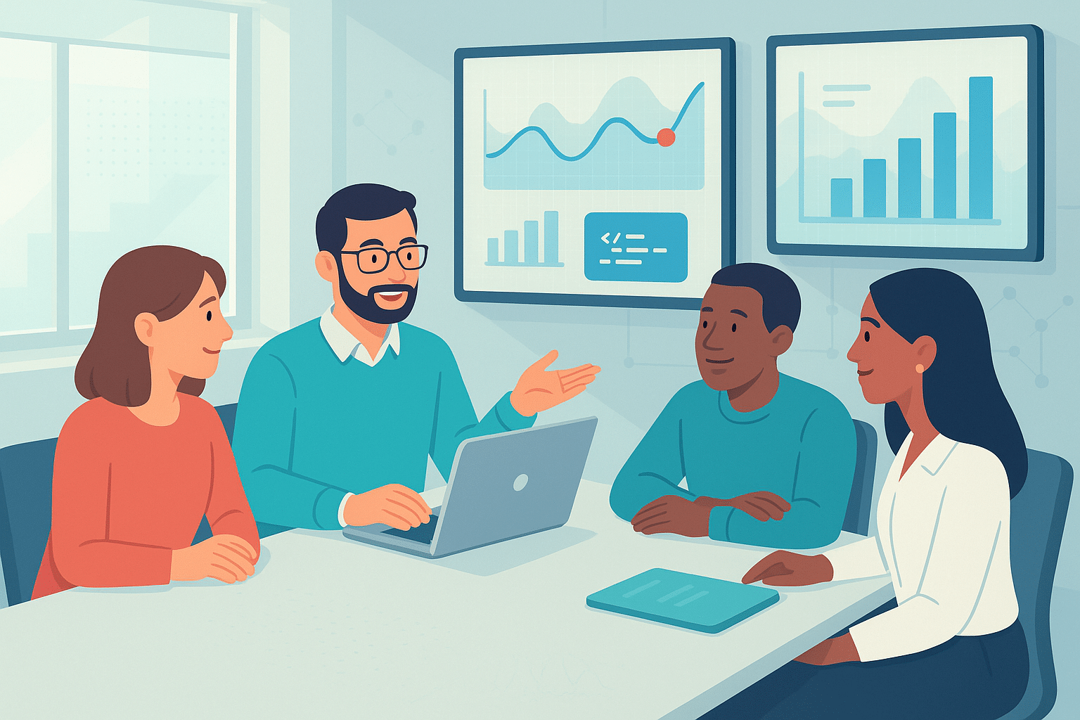 Réunion d'équipe autour d'un ordinateur, avec des graphiques présentant des données de performance dans un contexte d'AMOA SIRH.