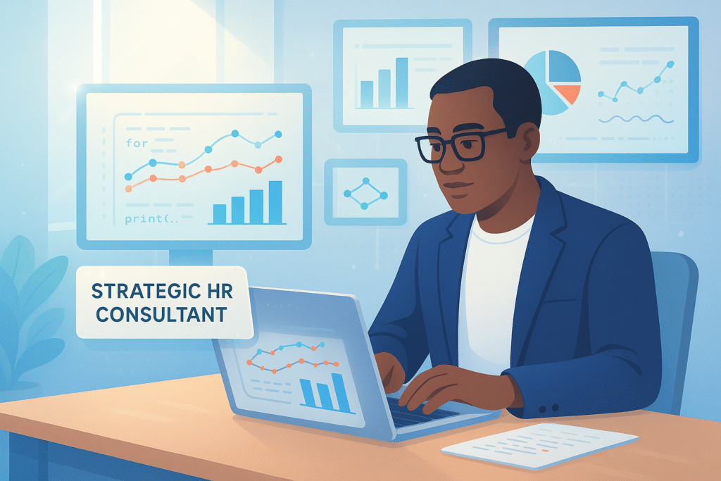 Consultant stratégique en ressources humaines utilisant un ordinateur portable, avec des graphiques de données affichés en arrière-plan.