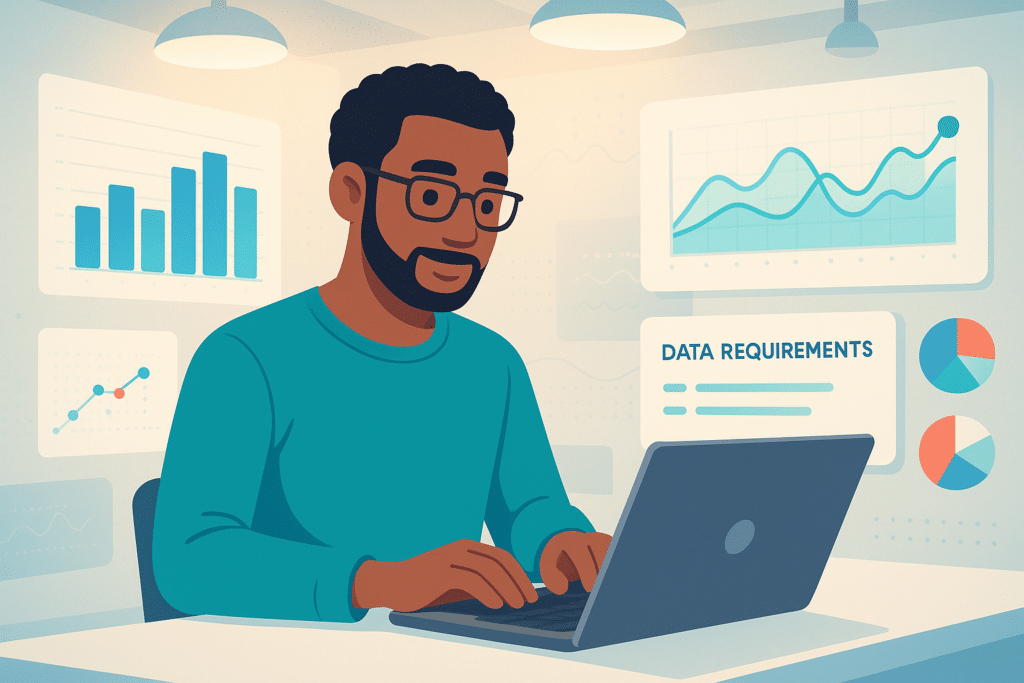 Personne travaillant sur un ordinateur avec des graphiques et des exigences de données en arrière-plan, illustrant le logiciel Amoa SIRH.