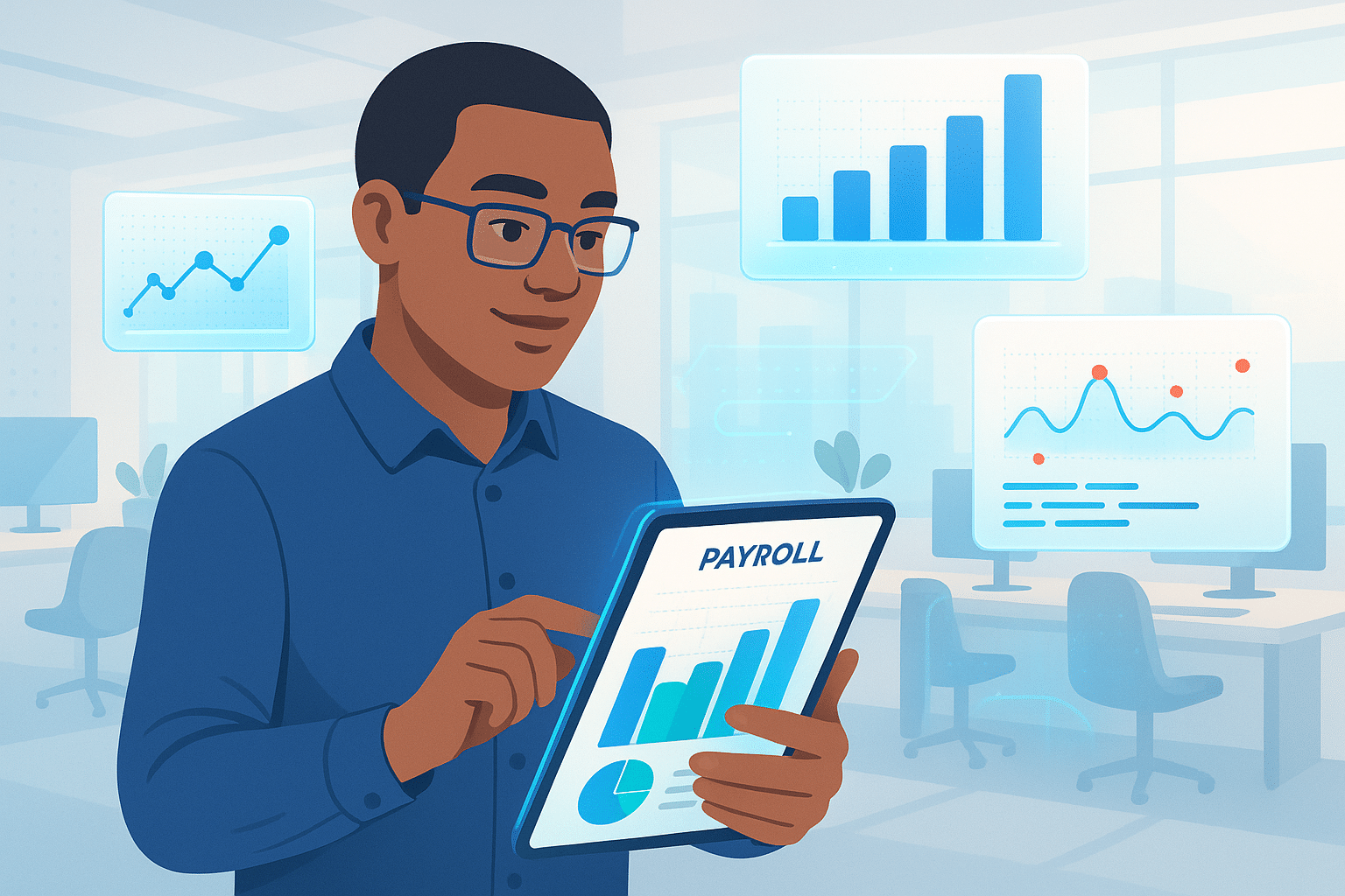 Personne utilisant une tablette pour analyser des graphiques et des données sur la paie dans un environnement de bureau moderne.