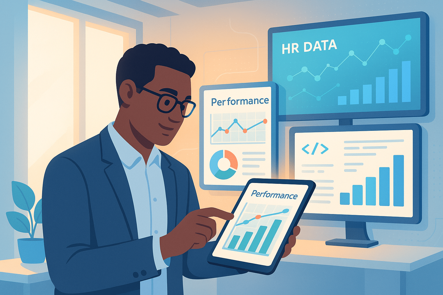 Professionnel utilisant une tablette pour analyser des données de performance liées aux SIRH paie, avec plusieurs graphiques affichés à l'écran.