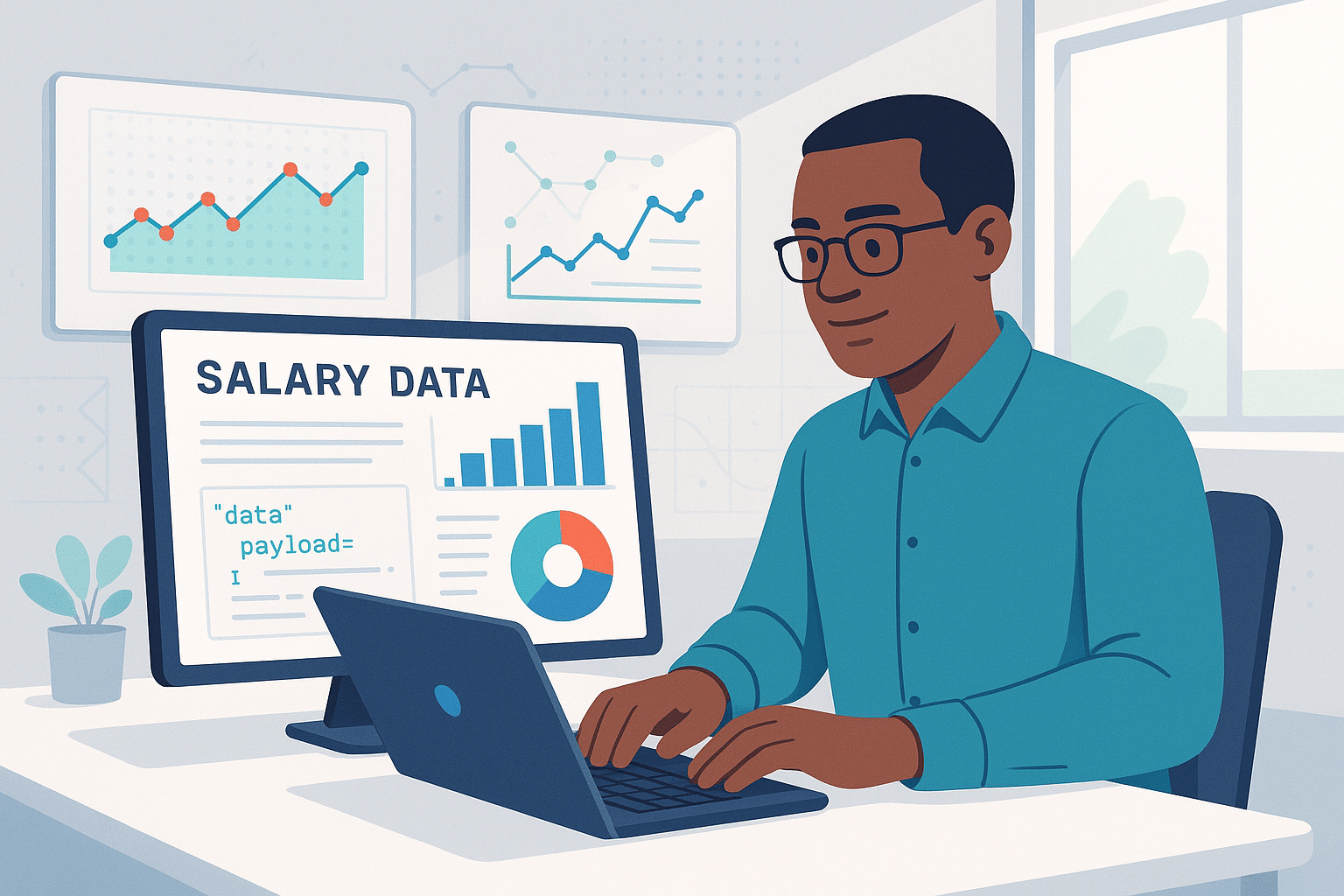 Un professionnel analysant des données de paie sur un ordinateur avec des graphiques autour, illustrant l'utilisation d'un SIRH pour la gestion de la paie.
