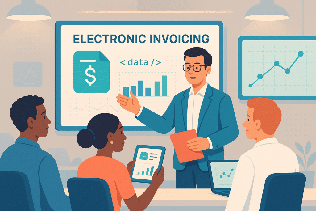 Un homme présentant des graphiques et des données sur la facturation électronique à un groupe de personnes lors d'une réunion.