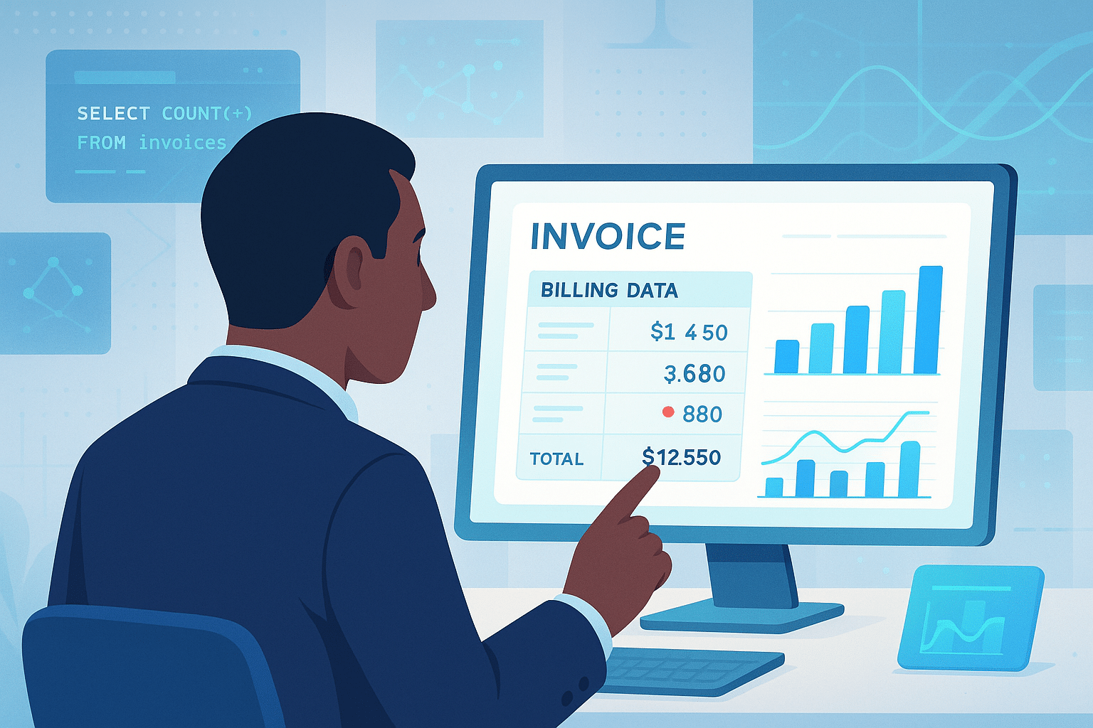 Un homme consultant un écran d'ordinateur affichant des données de facturation électronique avec des graphiques et des montants détaillés.