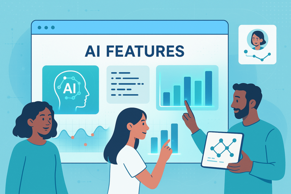 Illustration montrant des personnes discutant des fonctionnalités de l'intelligence artificielle dans un cadre numérique, avec des graphiques et des données sur un écran.