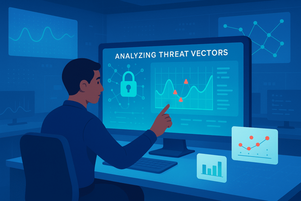 Un professionnel de la cybersécurité analysant des vecteurs de menaces sur un écran d'ordinateur, illustrant le concept de kill chain.