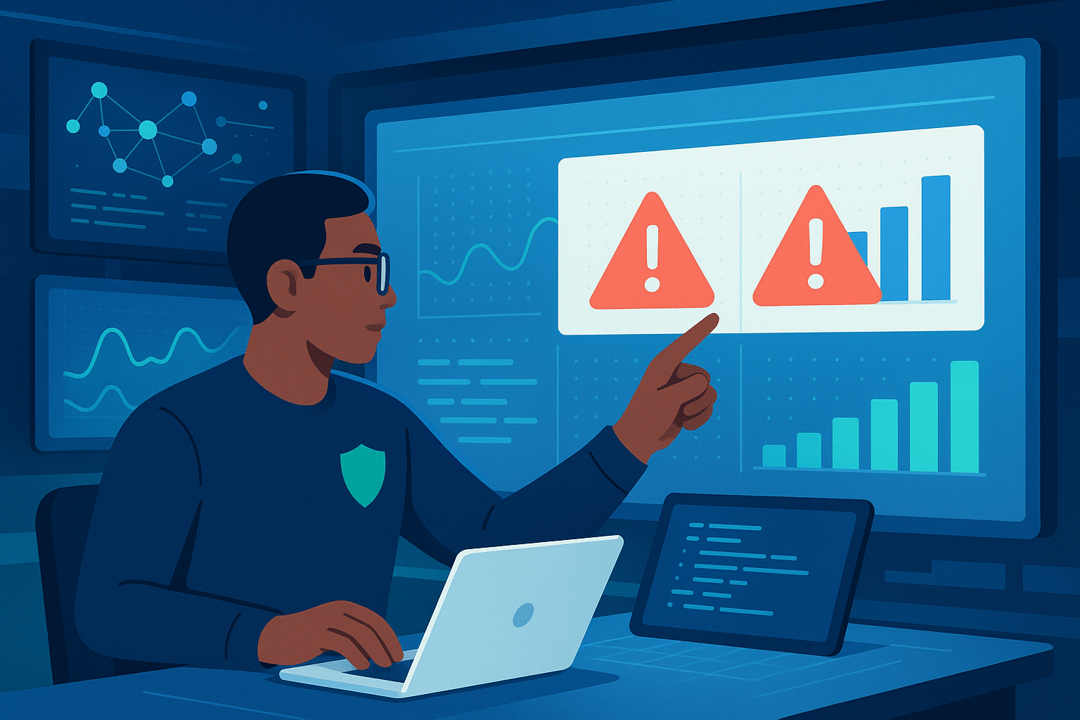 Analyste en cybersécurité examinant une chaîne d'attaque avec des alertes visuelles sur les écrans de surveillance.