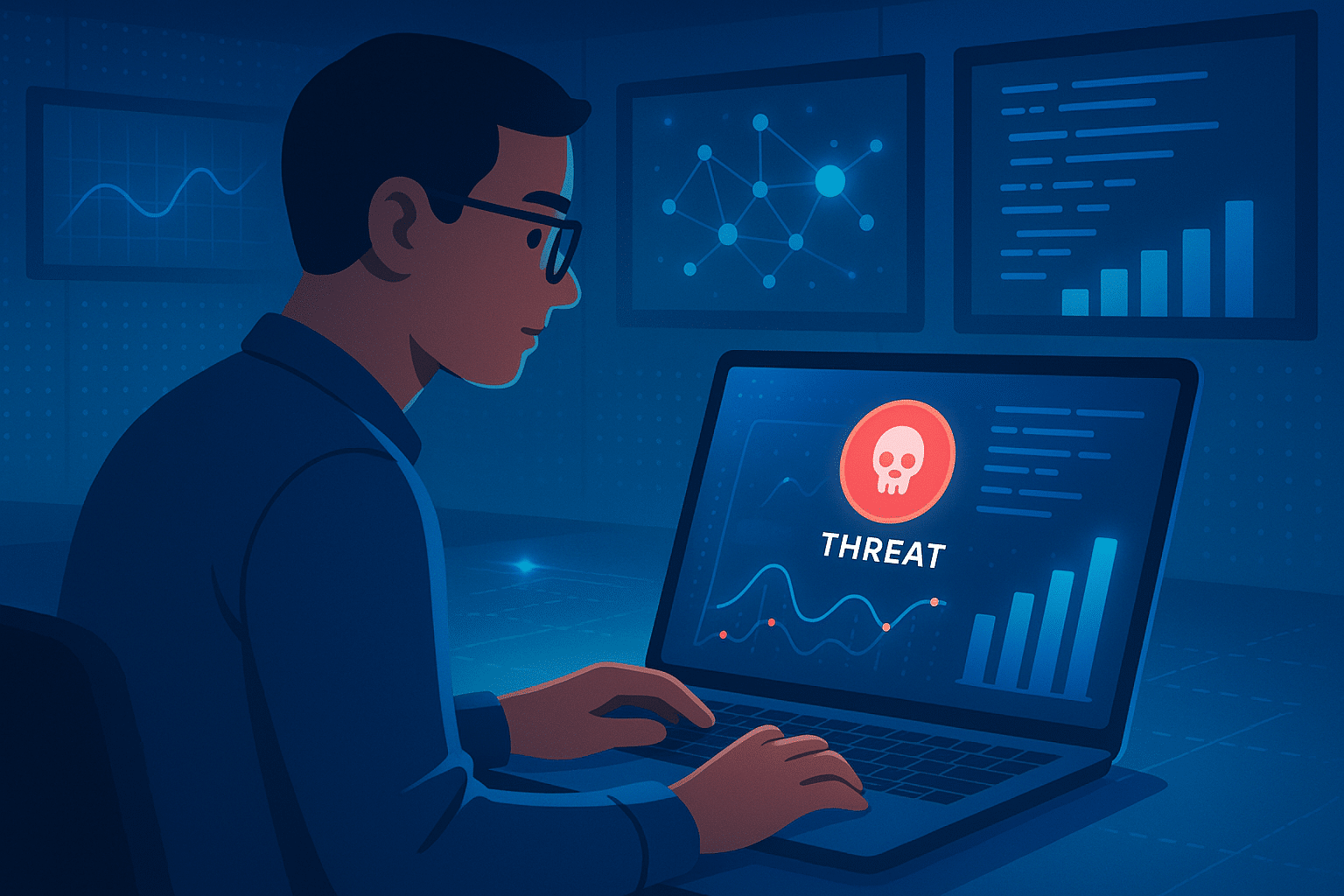 Un analyste cybernétique observant les menaces sur son ordinateur, avec des graphiques de données et une alerte de menace visible, illustrant le concept de kill chain.