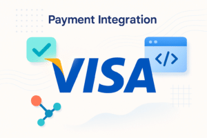 Illustration montrant le logo Visa avec des icônes représentant l'intégration des paiements et le codage.