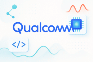Illustration avec le logo Qualcomm et des graphismes d'IA et de puce représentant la technologie des data centers.