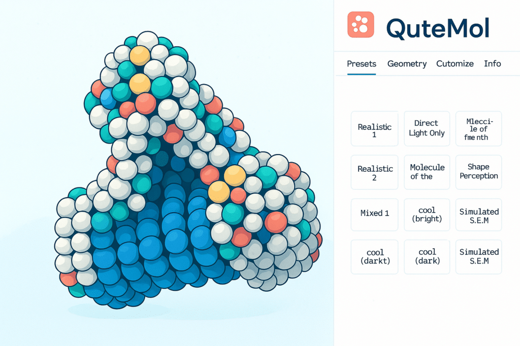 Simulation 3D d’une molécule protéique complexe rendue via l’interface du logiciel QuteMol.