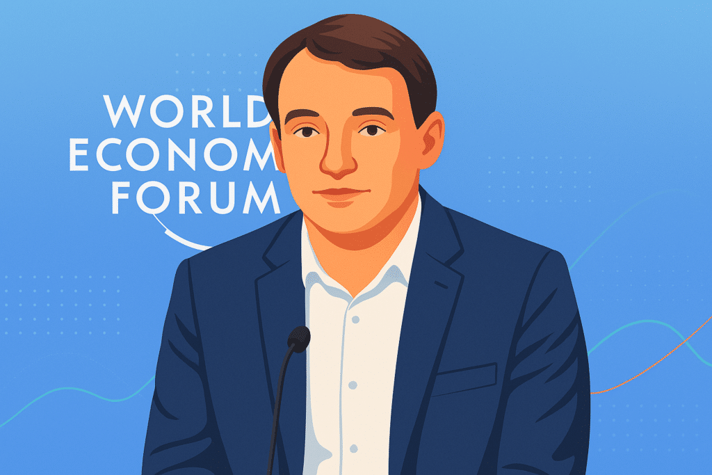 Illustration d’un dirigeant d’entreprise s’exprimant au Forum économique mondial, avec un microphone devant lui.