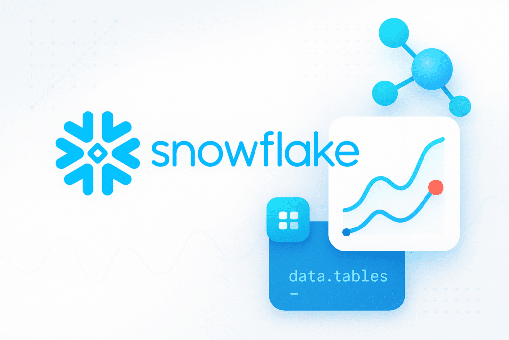 Illustration du logo Snowflake aux côtés de visualisations de données et de tableaux, représentant l'intégration de données.