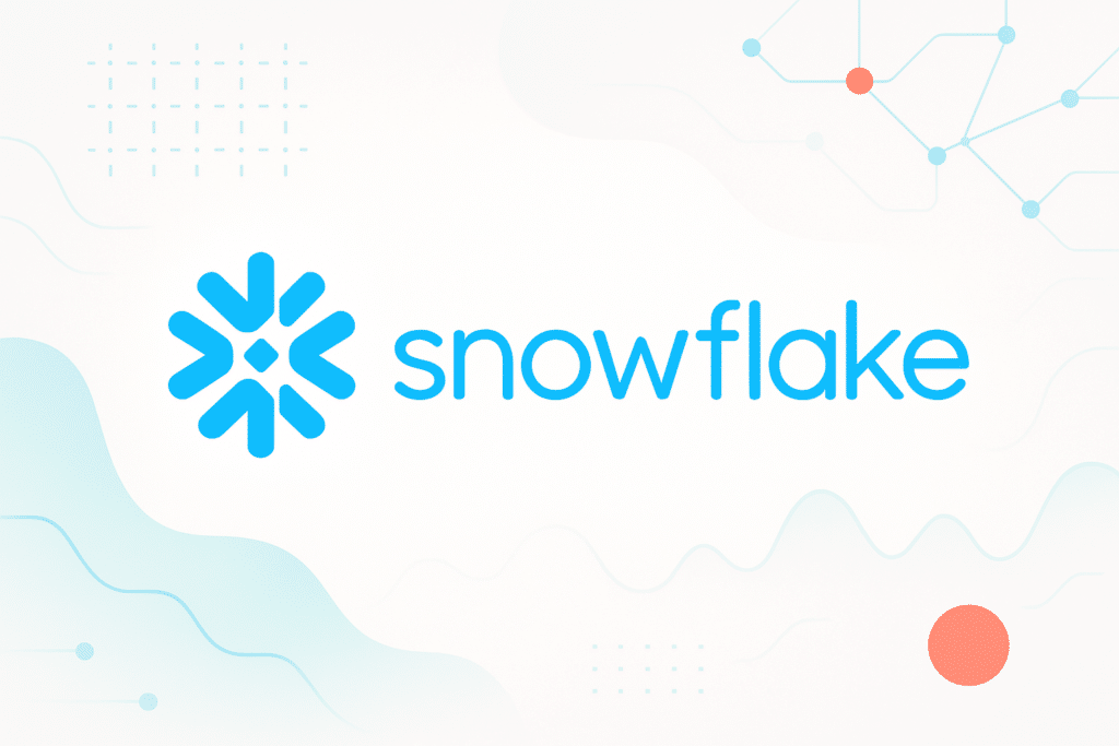 Logo de Snowflake affiché sur fond blanc avec des éléments graphiques de données abstraits.