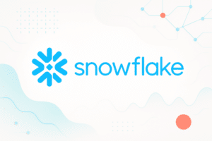 Logo de Snowflake affiché sur fond blanc avec des éléments graphiques de données abstraits.