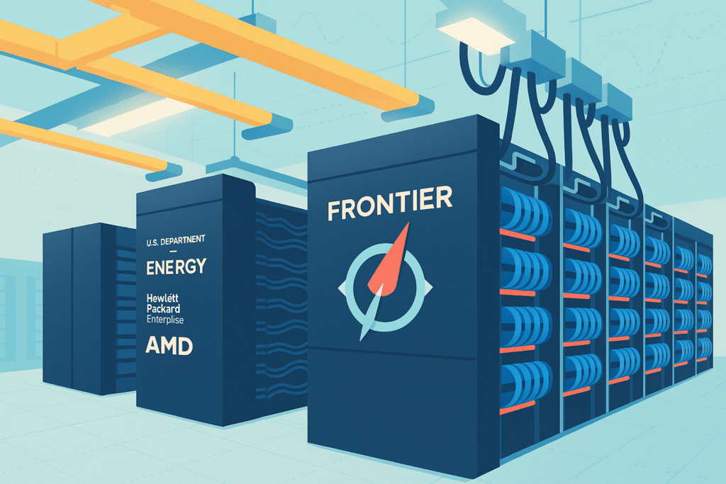 Illustration du supercalculateur Frontier développé par le département de l’Énergie des États-Unis, Hewlett Packard Enterprise et AMD.