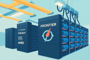 Illustration du supercalculateur Frontier développé par le département de l’Énergie des États-Unis, Hewlett Packard Enterprise et AMD.