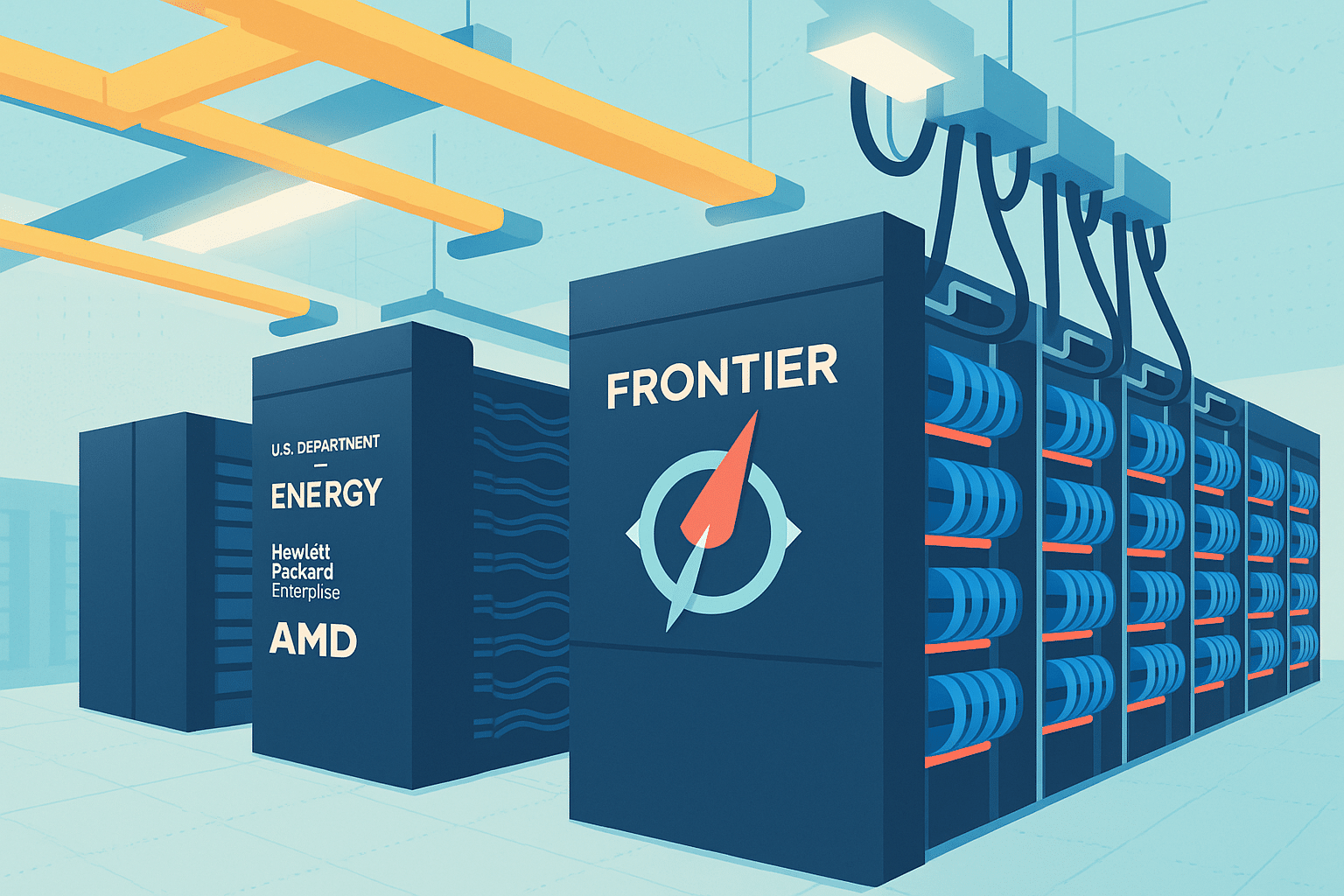 Illustration du supercalculateur Frontier développé par le département de l’Énergie des États-Unis, Hewlett Packard Enterprise et AMD.