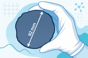 Main gantée tenant une tranche de semi-conducteur en diamant de 92 mm de diamètre.