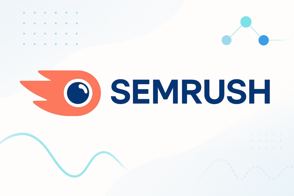 Logo de SEMrush affiché sur un fond blanc avec des graphismes abstraits sur le thème du marketing.