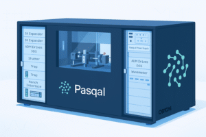 Système d’ordinateur quantique Pasqal Orion doté de composants optiques internes et de modules légendés.