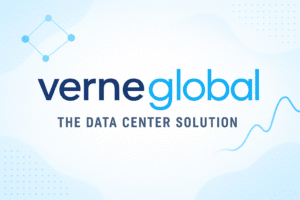 Logo Verne Global avec le slogan « The Data Center Solution » sur un fond abstrait bleu.