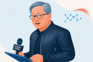 Illustration d’un homme en veste noire avec microphone et tablette, symbolisant le leadership de Nvidia en matière d’investissement dans l’IA.