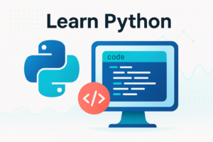 Illustration montrant un logo Python et un écran d'ordinateur avec du code, représentant l'apprentissage de la programmation Python.