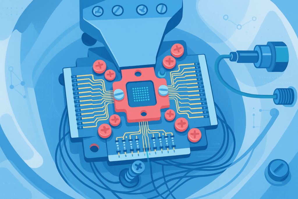 Illustration d’un processeur quantique avec un câblage et des circuits complexes, représentant une technologie 64‑qubit avancée.