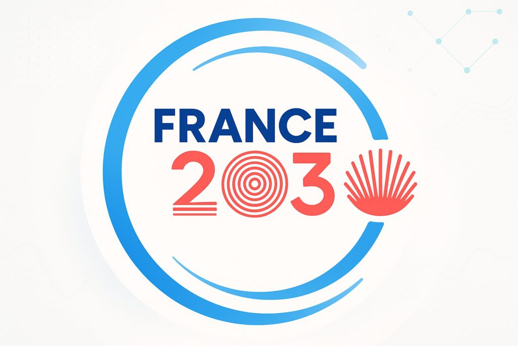 Logo de l’initiative France 2030 avec des éléments graphiques bleus et rouges représentant la planification de l’avenir.
